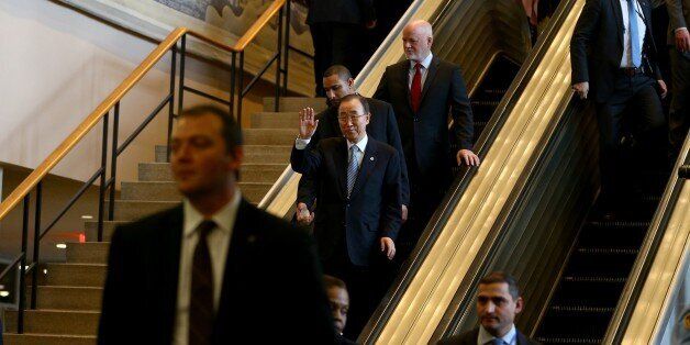 NEW YORK, UNITED STATES - DECEMBER 30: United Nations Secretary General Ban Ki-moon greets staff during his last day on his duty at UN Headquarters in New York, USA on December 30, 2016. (Photo by Volkan Furuncu/Anadolu Agency/Getty Images)