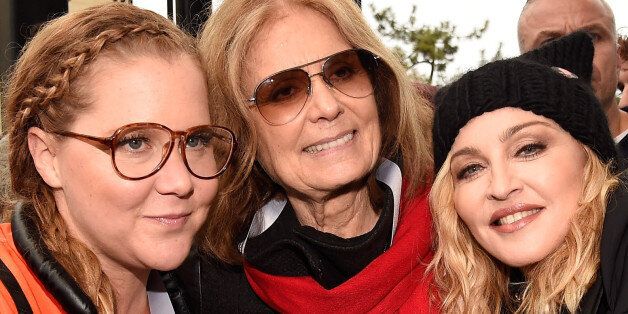WASHINGTON, DC - JANUARY 21:  (L-R) Amy Schumer, Gloria Steinem and Madonna  attend the rally at the Women's March on Washington on January 21, 2017 in Washington, DC.  (Photo by Kevin Mazur/WireImage)