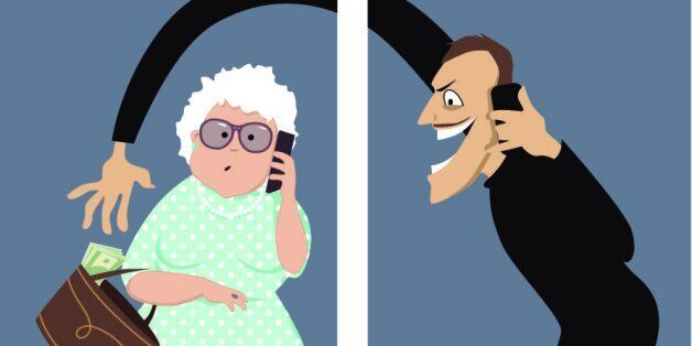 Scammer talks on a phone with a senior woman and trying to steal money out of her purse, vector illustration, no transparencies, EPS 8