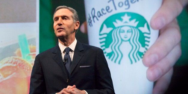 Starbucks Corp Chief Executive Howard Schultz, pictured with images from the company's new