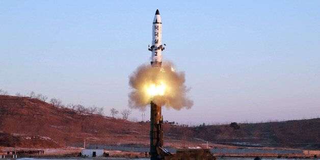 This photo taken on February 12, 2017 and released on February 13 by North Korea's official Korean Central News Agency (KCNA) shows the launch of a surface-to-surface medium long-range ballistic missile Pukguksong-2 at an undisclosed location.North Korea said on February 13 it had successfully tested a new ballistic missile, triggering a US-led call for an urgent UN Security Council meeting after a launch seen as a challenge to President Donald Trump. / AFP / KCNA via KNS / STR / South Korea OUT