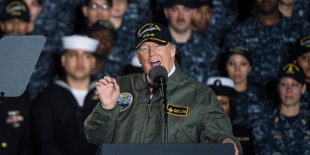NEWPORT NEWS, VA - MARCH 2: President Donald Trump speaks to Navy and shipyard personnel aboard nuclear aircraft carrier Gerald R. Ford at Newport News Shipbuilding in Newport News, Va. on Thursday, March. 02, 2017. (Photo by Jabin Botsford/The Washington Post via Getty Images)