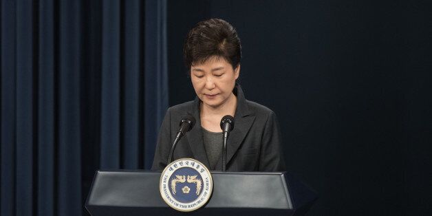 South Korea's President Park Geun-Hye speaks during an address to the nation at the presidential Blue House in Seoul on November 4, 2016.Park on November 4 agreed to submit to questioning by prosecutors investigating a corruption scandal engulfing her administration, accepting that the damaging fallout was 'all my fault'. / AFP / POOL / Ed JONES AND Ed Jones        (Photo credit should read ED JONES/AFP/Getty Images)