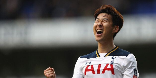 LONDON, ENGLAND - MARCH 12:  Heung-Min Son of Tottenham Hotspur celebrates as he scores their sixth goal and completes his hat trick during The Emirates FA Cup Quarter-Final match between Tottenham Hotspur and Millwall at White Hart Lane on March 12, 2017 in London, England.  (Photo by Ian Walton/Getty Images)