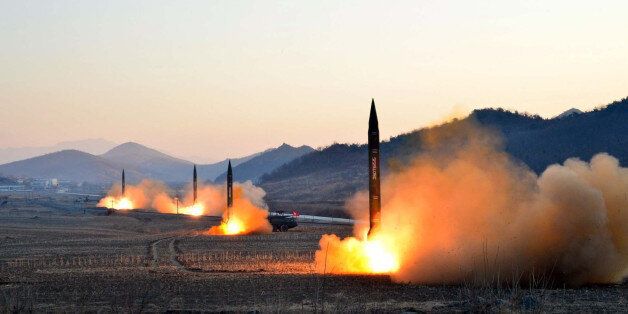 TOPSHOT - This undated picture released by North Korea's Korean Central News Agency (KCNA) via KNS on March 7, 2017 shows the launch of four ballistic missiles by the Korean People's Army (KPA) during a military drill at an undisclosed location in North Korea.Nuclear-armed North Korea launched four ballistic missiles on March 6 in another challenge to President Donald Trump, with three landing provocatively close to America's ally Japan. / AFP PHOTO / KCNA VIA KNS / STR / South Korea OUT / REPUB