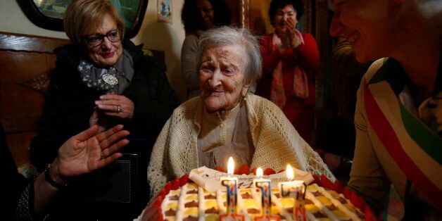 ROME, Nov. 29, 2016 -- Emma Morano is seen at her 117th birthday in Verbania, northwest Italy, on Nov. 29, 2016. The woman considered as the world's oldest living person turned 117 in northwest Italy on Tuesday. (Xinhua via Getty Images)