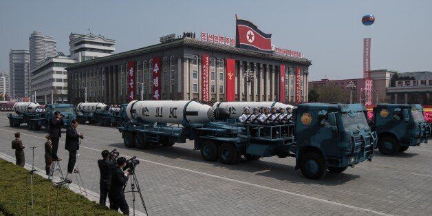 An unidentified mobile rocket lancher is displayed during a military parade marking the 105th anniversary of the birth of late North Korean leader Kim Il-Sung, in Pyongyang on April 15, 2017.   / AFP PHOTO / ED JONES        (Photo credit should read ED JONES/AFP/Getty Images)
