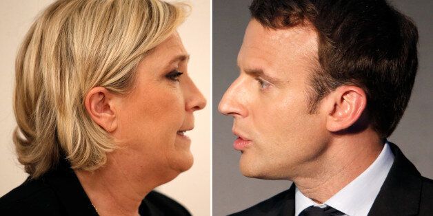 A combination picture shows portraits of candidates for the second round in the 2017 French presidential election, Marine Le Pen (L), French National Front (FN) political party leader, and Emmanuel Macron, head of the political movement En Marche!, (Onwards!). Picture taken March 2, 2017 (L) and April 13, 2017 (R).    REUTERS/Charles Platiau