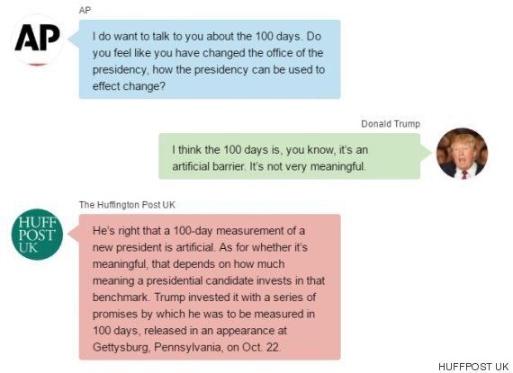 도널드 트럼프가 취임 100일 기념 인터뷰에서 헛소리를 늘어놓다