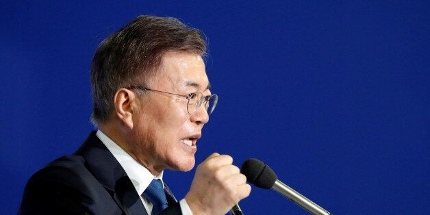 Moon Jae-in speaks after winning the nomination as a presidential candidate of the Minjoo Party, during a national convention, in Seoul, South Korea, April 3, 2017.  REUTERS/Kim Hong-Ji