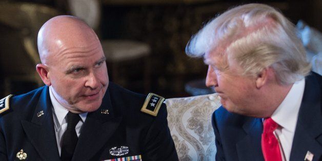 US President Donald Trump announces US Army Lieutenant General H.R. McMaster (L) as his national security adviser at his Mar-a-Lago resort in Palm Beach, Florida, on February 20, 2017. / AFP / NICHOLAS KAMM        (Photo credit should read NICHOLAS KAMM/AFP/Getty Images)