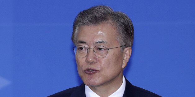 Moon Jae-in, South Korea's president, speaks during the presidential inauguration at the National Assembly in Seoul, South Korea, on Wednesday, May 10, 2017. Moon pledged to push for peace with North Korea and get tough on South Korea's biggest companies in his first remarks as president after a resounding election win. Photographer: Lee Young-ho/Pool via Bloomberg