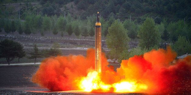 This picture taken on May 14, 2017 and released from North Korea's official Korean Central News Agency (KCNA) on May 15 shows a test launch of the ground-to-ground medium long-range strategic ballistic rocket Hwasong-12 at an undisclosed location. / AFP PHOTO / KCNA VIA KNS / STR / South Korea OUT / REPUBLIC OF KOREA OUT   ---EDITORS NOTE--- RESTRICTED TO EDITORIAL USE - MANDATORY CREDIT 'AFP PHOTO/KCNA VIA KNS' - NO MARKETING NO ADVERTISING CAMPAIGNS - DISTRIBUTED AS A SERVICE TO CLIENTSTHIS PI
