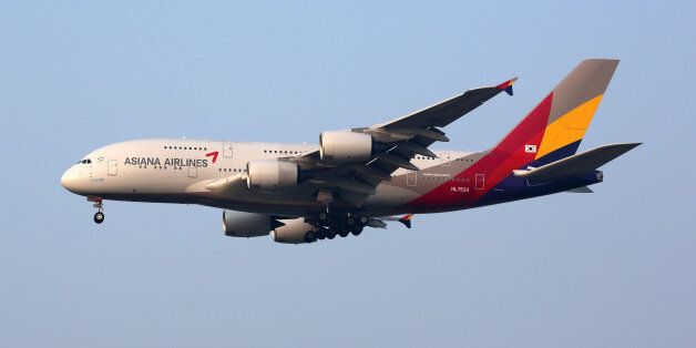 Incheon, South Korea - May 24, 2016: An Asiana Airlines Airbus A380 with the registration HL7634 approaching Seoul Incheon International Airport (ICN) in South Korea. The Airbus A380 is the world's largest passenger airliner. Asiana Airlines is an airline from South Korea with its headquarters in Seoul.