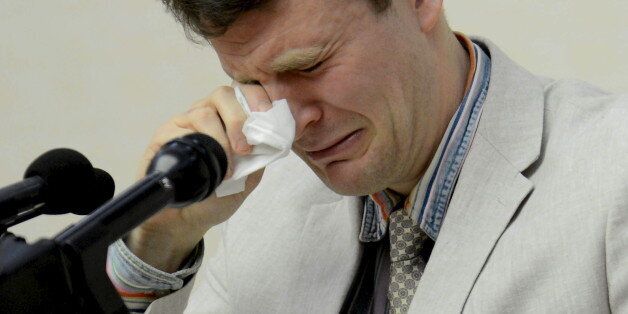 U.S. student Otto Warmbier reacts at a news conference in this undated photo released by North Korea's Korean Central News Agency (KCNA) in Pyongyang February 29, 2016. The U.S. student held in North Korea since early January was detained for trying to steal an item bearing a propaganda slogan from his Pyongyang hotel and has confessed to