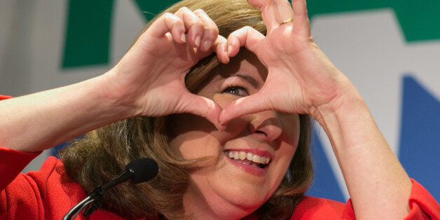 ATLANTA, GA - JUNE 20:  Georgia's 6th Congressional district Republican candidate Karen Handel gives a heart sign to supporters gathered at Hyatt Regency at Villa Christina on June 20, 2017 in Atlanta, Georgia. Republican Karen Handel and Democrat Jon Ossoff are running against each other in a special election to fill the congressional seat vacated by Secretary of Health and Human Services Tom Price.  (Photo by Jessica McGowan/Getty Images)