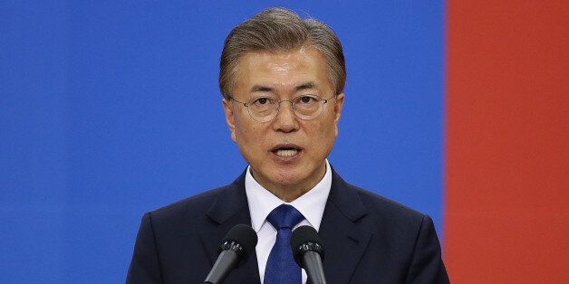 SEOUL, SOUTH KOREA - MAY 10:  South Korea's new President Moon Jae-In speaks during his presidential inauguration ceremony at National Assembly on May 10, 2017 in Seoul, South Korea. Moon Jae-in of Democratic Party, was elected as the new president of South Korea in the election held on May 9, 2017.  (Photo by Chung Sung-Jun/Getty Images)