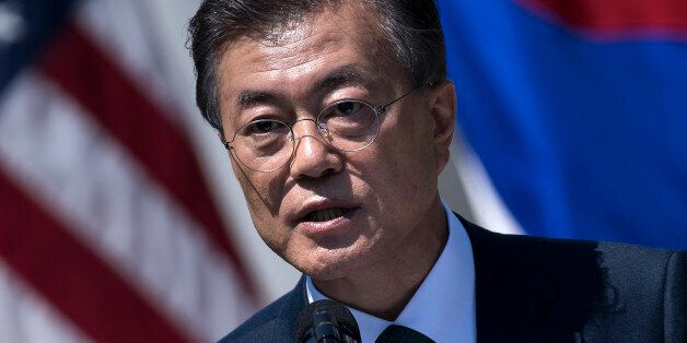 South Korean President Moon Jae-in speaks during a joint press conference with US President Donald Trump in the Rose Garden at the White House in Washington, DC, on June 30, 2017. / AFP PHOTO / Brendan Smialowski        (Photo credit should read BRENDAN SMIALOWSKI/AFP/Getty Images)