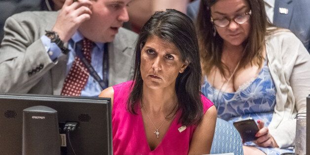 UN HEADQUARTERS, NEW YORK, NY, UNITED STATES - 2017/07/12: US Permanent Representative to the UN Ambassador Nikki Haley is seen during a meeting of the United Nations Security Council regarding the ongoing humanitarian crisis in Yemen which has been complicated by a worsening cholera epidemic and militarized  conflict. At the meeting, Council members were briefed by the Secretary-Generals Special Envoy for Yemen Ismail Ould Cheikh Ahmed, Director-General of the World Health Organization Tedros A