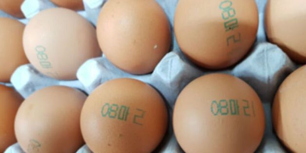 닭에는 사용할 수 없는 살충제인 피프로닐이 검출된 마리 농장의 달걀 껍데기에는 ‘08 마리’가 찍혀 있다. 식품의약품안전처 제공