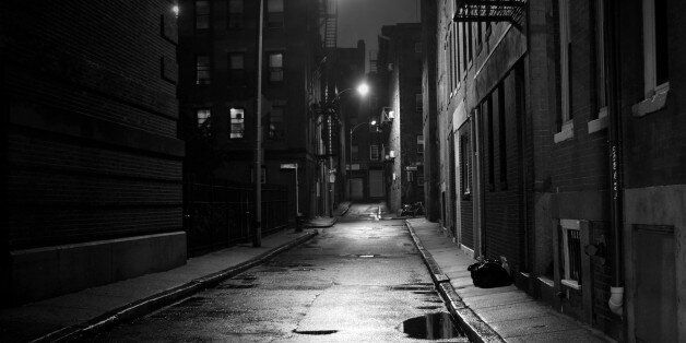 Dark street in the North End section of Boston, Massachusetts