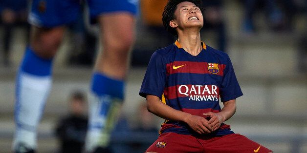 BARCELONA, SPAIN - JANUARY 31:  Seung Woo Lee of Barcelona reacts during the match between FC Barcelona U18 and Real Zaragoza U18 at Ciutat Esportiva Joan Gamper on January 31, 2016 in Barcelona, Spain.  (Photo by Manuel Queimadelos Alonso/Getty Images)