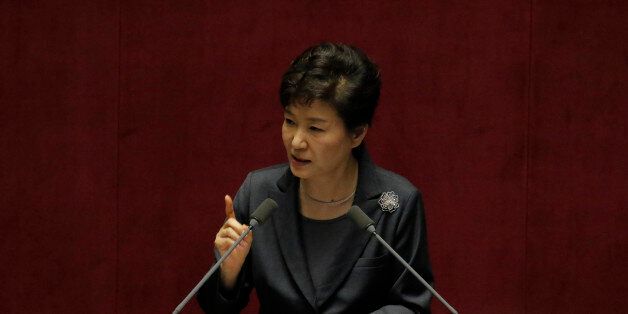 October 27, 2015 - South Korea, Seoul : South Korean President Park Geun-hye attend with delivers a speech on the government budget at the National Assembly in Seoul, South Korea, Tuesday, Oct. 27, 2015. Park asked lawmakers for cooperation to pass bills of her government's spending plan for 2015. (Photo by Seung-il Ryu/NurPhoto) (Photo by NurPhoto/NurPhoto via Getty Images)