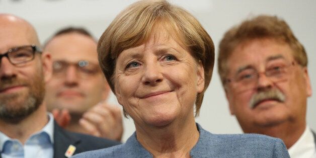 BERLIN, GERMANY - SEPTEMBER 24:  German Chancellor and Christian Democrat (CDU) Angela Merkel smiles while thanking supporters at CDU headquarters at the end of the election evening following federal elections results that give the CDU 33% of the vote, giving it a first place finish, though 8.5% less than in the last election four years ago, on September 24, 2017 in Berlin, Germany. Chancellor Merkel is seeking a fourth term and coming weeks will likely be dominated by negotiations between parti