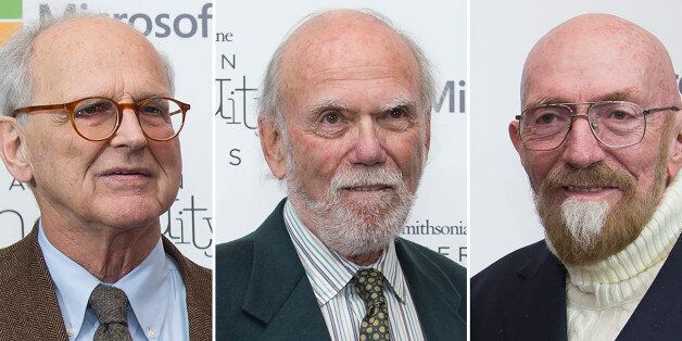 A combo made October 10, 2017 of file photos taken on December 09, 2016 in Washington, shows (LtoR) Rainer Weiss, Barry Barish and Kip Thorne, who won the Nobel Physics Prize 2017 for gravitational waves, the Royal Swedish Academy of Sciences announced October 10, 2017 in Stockholm. / AFP PHOTO / MOLLY RILEY        (Photo credit should read MOLLY RILEY/AFP/Getty Images)