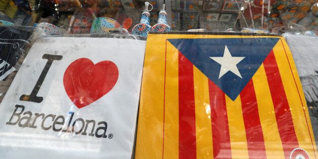 An Estelada (Catalan separatist flag) is seen in a touristic shop in Barcelona, Spain October 6, 2017. REUTERS/Yves Herman