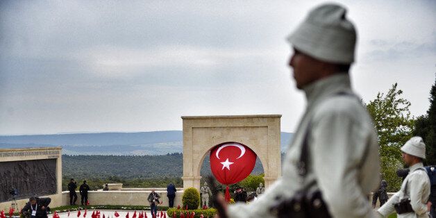ECEABAD, TURKEY - APRIL 25: Mounted Turkish gendarmes dressed as World War I Ottoman Turkish soldiers stand guard at the Turkish 57th Regiment Memorial to mark the 100th anniversary of the Battle of Gallipoli on April 25, 2015 in Eceabat, Turkey. Turkish and Allied powers representatives, as well as family members of those who served, are commemorating the 100th anniversary of the Gallipoli campaign with ceremonies at memorials across the Gallipoli Peninsula. The Gallipoli land campaign, in whic