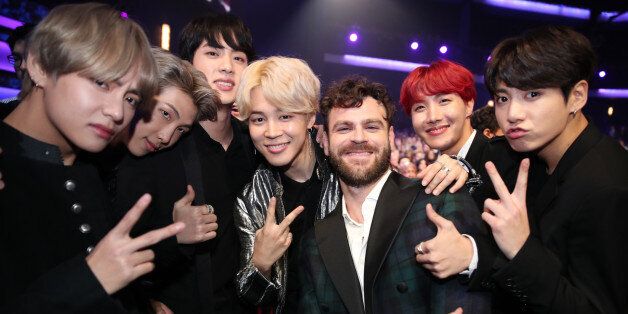 LOS ANGELES, CA - NOVEMBER 19: Members of BTS and Alex Pall during the 2017 American Music Awards at Microsoft Theater on November 19, 2017 in Los Angeles, California.  (Photo by Chris Polk/AMA2017/Getty Images for dcp)