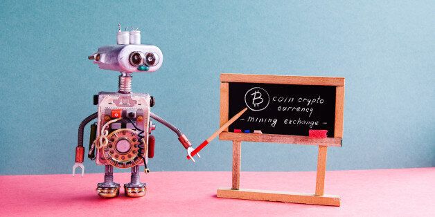 Bitcoin cryptocurrency digital money concept. Robot professor explains electronic mining cash financial system. Classroom interior with handwritten quote chalkboard. Green pink colorful background
