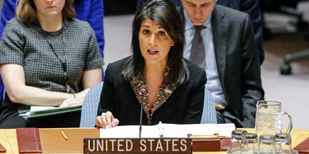 US Ambassador to the UN Nikki Haley speaks during a UN Security Council meeting over the situation in the Middle East on December 18, 2017, at UN Headquarters in New York. The UN Security Council is to vote on a draft resolution rejecting US President Donald Trump's recognition of Jerusalem as the capital of Israel. / AFP PHOTO / KENA BETANCUR        (Photo credit should read KENA BETANCUR/AFP/Getty Images)