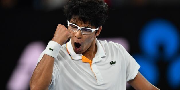 South Korea's Hyeon Chung reacts during their men's singles fourth round match against Serbia's Novak Djokovic on day eight of the Australian Open tennis tournament in Melbourne on January 22, 2018. / AFP PHOTO / Paul Crock / -- IMAGE RESTRICTED TO EDITORIAL USE - STRICTLY NO COMMERCIAL USE --        (Photo credit should read PAUL CROCK/AFP/Getty Images)