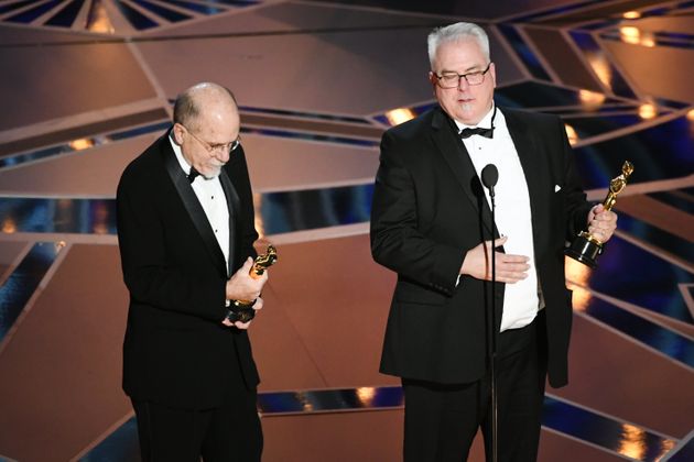 Sound designers Richard King (L) and Alex Gibson accept Best Sound Editing for 'Dunkirk' onstage during the 90th Annual Academy Awards.