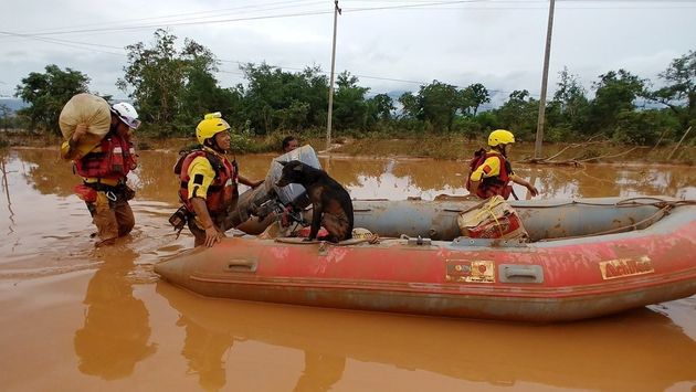 28일 라오스 사남사이 바미아마을 초입에서 구조대원들이 개 한 마리를 구조해 배에 태운 채 나오고 있다.