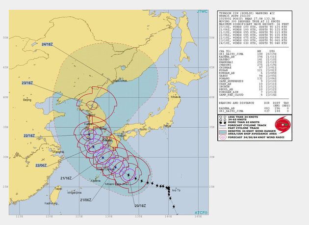 미국 합동태풍경보센터(JTWC)의 21일 오전 6시 발표 태풍 ‘솔릭’의 예상 이동진로.