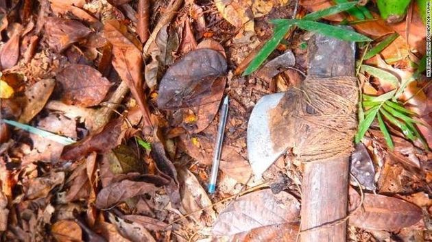 고립된 아마존 부족이 사용하던 도끼. 왼쪽에 놓인 연필은 크기를 비교하기 위해 국가인디언재단 연구진이 놓아둔 것이다. 