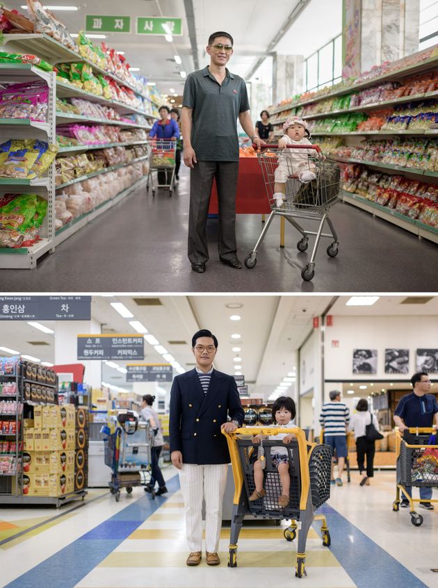 위) 34살의 황광림씨와 그의 딸 수련이 평양의 한 슈퍼마켓을 찾았다. 2017년 6월 4일. </p></div>
<p>아래) 분당의 한 마트. 35살의 홍성조씨와 그의 아들 지누. 2018년 9월 1일