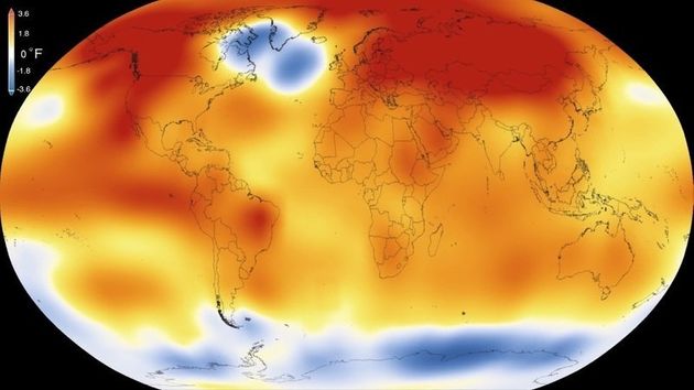 인류 문명이 배출하는 온실가스가 급격한 지구온난화를 부르고 있다. 빨간색이 온도 급상승 지역. 위키미디어 코먼스