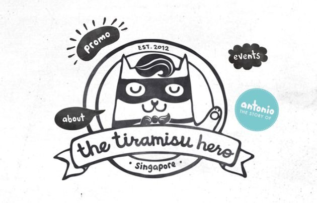 싱가포르 티라미수 히어로의 로고. 귀여운 고양이 '안토니오'가 가면을 쓰고 있다. 