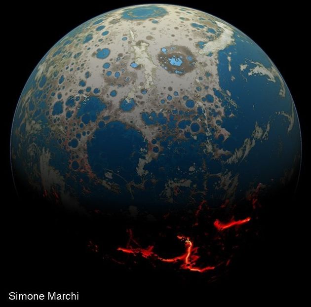 잦은 소행성 충돌로 수많은 분화구가 생긴 원시 지구 상상도.