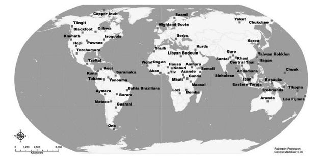 세계 공통의 도덕 규범을 찾기 위해 조사한 지역들.
