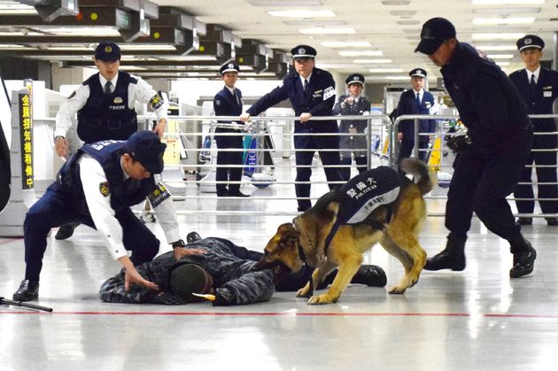 지난 4월 18일 나리타 국제공항에서 일본 경찰과 경찰견이 대테러 훈련을 하는 모습.