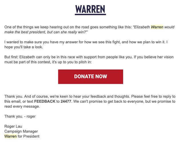 엘리자베스 워렌은 3월27일일 지지자들에게 보낸 이메일에서 '당선 가능성'에 대해 언급했다.