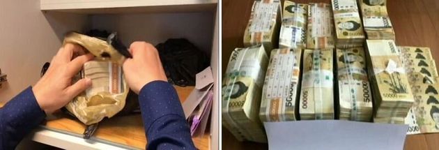 고액체납자 ㄱ씨의 실거주지 싱크대 장식장에서 발견된 5만원권 1만여장의 모습.