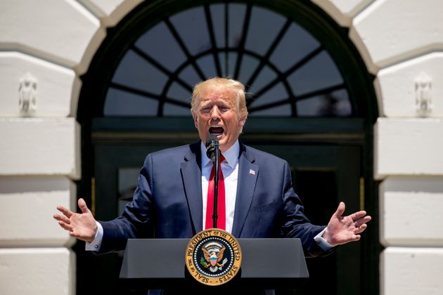 도널드 트럼프 미국 대통령이 백악관에서 열린 '제 3회 메이드 인 아메리카 제품 전시회'에서 발언하고 있다. 워싱턴DC, 미국. 2019년 7월15일.