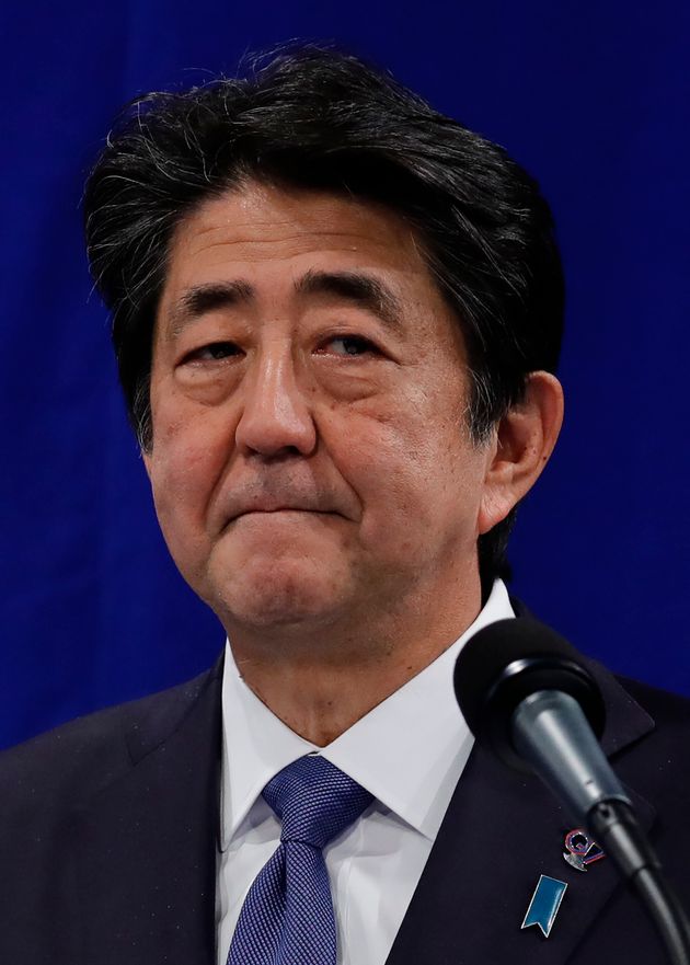Japan's Prime Minister Shinzo Abe addresses media representatives at a press conference at La Gare du Midi in Biarritz, south-west France on August 26, 2019, on the third day of the annual G7 Summit attended by the leaders of the world's seven richest democracies, Britain, Canada, France, Germany, Italy, Japan and the United States. (Photo by Thomas SAMSON / AFP)        (Photo credit should read THOMAS SAMSON/AFP/Getty Images)