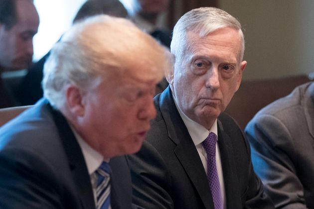 WASHINGTON, DC - MARCH 8:  (AFP OUT) US Secretary of Defense Jim Mattis (R) listens to US President Donald J. Trump (L) deliver remarks during a meeting with members of his Cabinet, in the Cabinet Room of the White House March 8, 2018 in Washington, DC, (Photo by Michael Reynolds-Pool/Getty Images)
